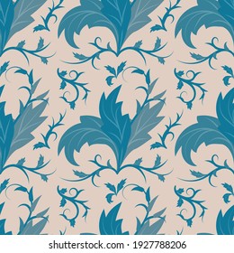Seamless pattern in Art Nouveau style. Petals, leaves, swirls and lines in monochrome dark blue on neutral beige background. Vector illustration for printing on fabrics, wallpaper or wrapping paper.