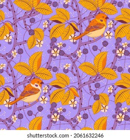 Patrón inmaculado al estilo Art Nouveau para la creación de textiles. Ilustración con ramas entrelazadas de mora negra y bayas de centeno, hojas, flores y pájaros sobre un suave fondo rosado. Vector.