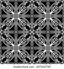 Patrón inmaculado en estilo Art Nouveau. Patrón geométrico complejo. Patrón blanco sobre fondo negro. Patrón de malla. Para la decoración de tejidos, papel, tapicería y embalajes.