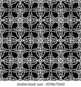 Nahtloses Muster im Jugendstil. Komplexes geometrisches Muster. Weißes Muster auf schwarzem Hintergrund. Mesh-Muster. Zur Dekoration von Stoffen, Papier, Tapeten und Verpackungen.