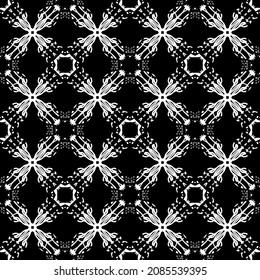 Nahtloses Muster im Jugendstil. Komplexes geometrisches Muster. Weißes Muster auf schwarzem Hintergrund. Mesh-Muster. Zur Dekoration von Stoffen, Papier, Tapeten und Verpackungen.