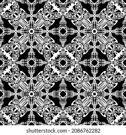 Patrón inmaculado en estilo Art Nouveau. Patrón geométrico complejo. Patrón blanco sobre fondo negro. Patrón de malla. Para la decoración de tejidos, papel, tapicería y embalajes.