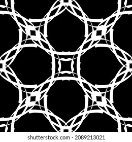 Nahtloses Muster im Jugendstil. Komplexes geometrisches Muster. Weißes Muster auf schwarzem Hintergrund. Mesh-Muster. Zur Dekoration von Stoffen, Papier, Tapeten und Verpackungen.