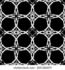 Patrón inmaculado en estilo Art Nouveau. Patrón geométrico complejo. Patrón blanco sobre fondo negro. Patrón de malla. Para la decoración de tejidos, papel, tapicería y embalajes.