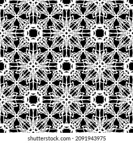 Nahtloses Muster im Jugendstil. Komplexes geometrisches Muster. Weißes Muster auf schwarzem Hintergrund. Mesh-Muster. Zur Dekoration von Stoffen, Papier, Tapeten und Verpackungen.