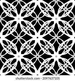 Patrón inmaculado en estilo Art Nouveau. Patrón geométrico complejo. Patrón blanco sobre fondo negro. Patrón de malla. Para la decoración de tejidos, papel, tapicería y embalajes.