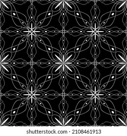 Seamless pattern in the Art Nouveau style. Modern stylish texture. Complex geometric pattern.Mesh pattern.White ornament on a black background.For decorating fabric, paper, wallpaper and packaging.
