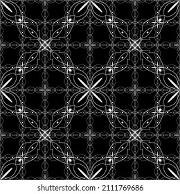 Seamless pattern in the Art Nouveau style. Modern stylish texture. Complex geometric pattern.Mesh pattern.White ornament on a black background.For decorating fabric, paper, wallpaper and packaging.