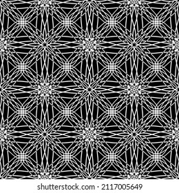 El estilo Art Nouveau es impecable. Textura moderna y elegante. Patrón geométrico complejo.Patrón de malla.Ornamento blanco sobre fondo negro.Para la decoración de tejidos, papel, papel pintado y embalaje.