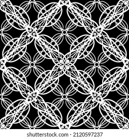 Nahtloses Muster im Jugendstil. Moderne, stilvolle Textur. Komplexes geometrisches Muster.Mesh Muster.Weißes Ornament auf schwarzem Hintergrund.Für die Dekoration von Stoff, Papier, Tapete und Verpackung.