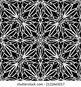 Seamless pattern in the Art Nouveau style. Modern stylish texture. Complex geometric pattern.Mesh pattern.White ornament on a black background.For decorating fabric, paper, wallpaper and packaging.