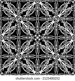 Nahtloses Muster im Jugendstil. Moderne, stilvolle Textur. Komplexes geometrisches Muster.Mesh Muster.Weißes Ornament auf schwarzem Hintergrund.Für die Dekoration von Stoff, Papier, Tapete und Verpackung.