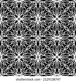 El estilo Art Nouveau es impecable. Textura moderna y elegante. Patrón geométrico complejo.Patrón de malla.Ornamento blanco sobre fondo negro.Para la decoración de tejidos, papel, papel pintado y embalaje.