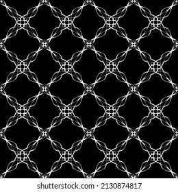 El estilo Art Nouveau es impecable. Textura moderna y elegante. Patrón geométrico complejo.Patrón de malla.Ornamento blanco sobre fondo negro.Para la decoración de tejidos, papel, papel pintado y embalaje.