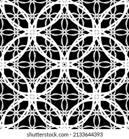El estilo Art Nouveau es impecable. Textura moderna y elegante. Patrón geométrico complejo.Patrón de malla.Ornamento blanco sobre fondo negro.Para la decoración de tejidos, papel, papel pintado y embalaje.