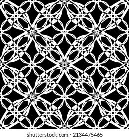 Seamless pattern in the Art Nouveau style. Modern stylish texture. Complex geometric pattern.Mesh pattern.White ornament on a black background.For decorating fabric, paper, wallpaper and packaging.