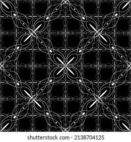 Nahtloses Muster im Jugendstil. Moderne, stilvolle Textur. Komplexes geometrisches Muster.Mesh Muster.Weißes Ornament auf schwarzem Hintergrund.Für die Dekoration von Stoff, Papier, Tapete und Verpackung.