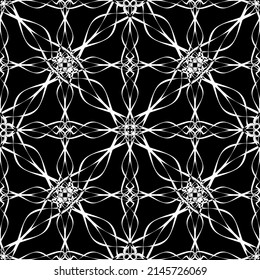 Patrón inmaculado en estilo Art Nouveau. Patrón geométrico complejo. Patrón blanco sobre fondo negro. Patrón de malla. Para la decoración de tejidos, papel, tapiz y embalaje.