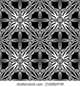 Nahtloses Muster im Jugendstil. Komplexes geometrisches Muster. Weißes Muster auf schwarzem Hintergrund. Mesh-Muster. Zum Dekorieren von Stoffen, Papier, Tapeten und Verpackungen.