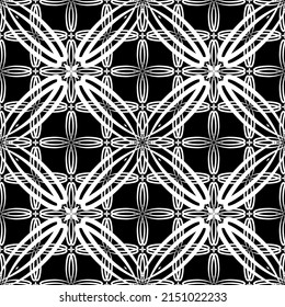 Patrón inmaculado en estilo Art Nouveau. Patrón geométrico complejo. Patrón blanco sobre fondo negro. Patrón de malla. Para la decoración de tejidos, papel, tapiz y embalaje.