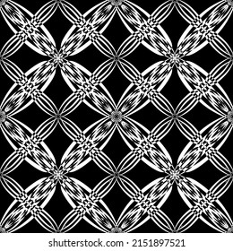 Patrón inmaculado en estilo Art Nouveau. Patrón geométrico complejo. Patrón blanco sobre fondo negro. Patrón de malla. Para la decoración de tejidos, papel, tapiz y embalaje.