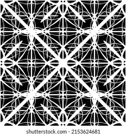 Patrón inmaculado en estilo Art Nouveau. Patrón geométrico complejo. Patrón blanco sobre fondo negro. Patrón de malla. Para la decoración de tejidos, papel, tapiz y embalaje.