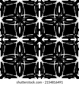 Patrón inmaculado en estilo Art Nouveau. Patrón geométrico complejo. Patrón blanco sobre fondo negro. Patrón de malla. Para la decoración de tejidos, papel, tapiz y embalaje.