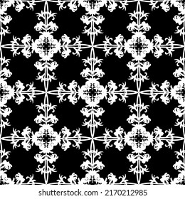 Patrón inmaculado en estilo Art Nouveau. Patrón geométrico complejo. Patrón blanco sobre fondo negro. Patrón de malla. Para la decoración de tejidos, papel, tapiz y embalaje.