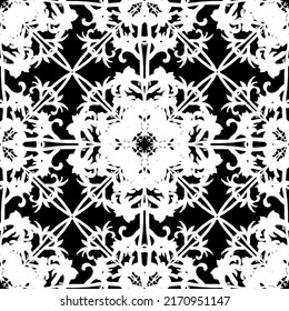Patrón inmaculado en estilo Art Nouveau. Patrón geométrico complejo. Patrón blanco sobre fondo negro. Patrón de malla. Para la decoración de tejidos, papel, tapiz y embalaje.