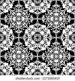 Nahtloses Muster im Jugendstil. Komplexes geometrisches Muster. Weißes Muster auf schwarzem Hintergrund. Mesh-Muster. Zum Dekorieren von Stoffen, Papier, Tapeten und Verpackungen.