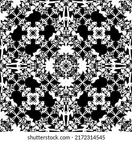 Patrón inmaculado en estilo Art Nouveau. Patrón geométrico complejo. Patrón blanco sobre fondo negro. Patrón de malla. Para la decoración de tejidos, papel, tapiz y embalaje.