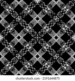 Patrón inmaculado en estilo Art Nouveau. Patrón geométrico complejo. Patrón blanco sobre fondo negro. Patrón de malla. Para la decoración de tejidos, papel, tapiz y embalaje.