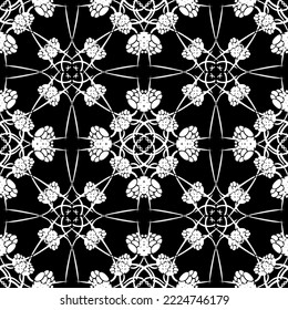 Seamless pattern in art Nouveau style. Complex geometric pattern. White pattern on a black background. Mesh pattern. For decorating fabric, paper, Wallpaper, and packaging.