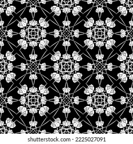 Patrón inmaculado en estilo Art Nouveau. Patrón geométrico complejo. Patrón blanco sobre fondo negro. Patrón de malla. Para la decoración de tejidos, papel, tapiz y embalaje.