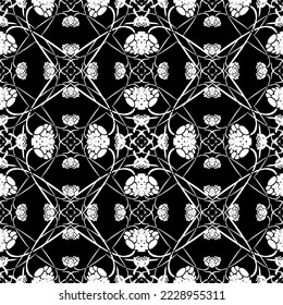 Patrón inmaculado en estilo Art Nouveau. Patrón geométrico complejo. Patrón blanco sobre fondo negro. Patrón de malla. Para la decoración de tejidos, papel, tapiz y embalaje.