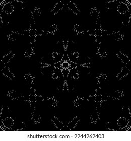 Patrón inmaculado en estilo Art Nouveau. Patrón geométrico complejo. Patrón blanco sobre fondo negro. Patrón de malla. Para la decoración de tejidos, papel, tapiz y embalaje.