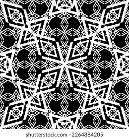 Seamless pattern in art Nouveau style. Complex geometric pattern. White pattern on a black background. Mesh pattern. For decorating fabric, paper, Wallpaper, and packaging.