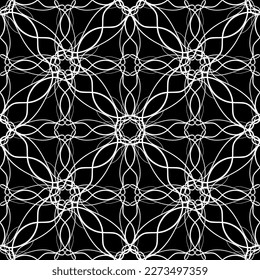 Patrón inmaculado en estilo Art Nouveau. Patrón geométrico complejo. Patrón blanco sobre fondo negro. Patrón de malla. Para la decoración de tejidos, papel, tapiz y embalaje.