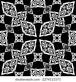 Nahtloses Muster im Jugendstil. Komplexes geometrisches Muster. Weißes Muster auf schwarzem Hintergrund. Mesh-Muster. Zum Dekorieren von Stoffen, Papier, Tapeten und Verpackungen.