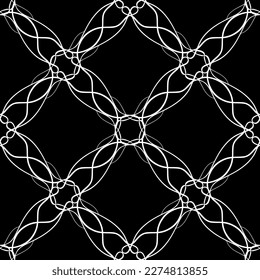 Patrón inmaculado en estilo Art Nouveau. Patrón geométrico complejo. Patrón blanco sobre fondo negro. Patrón de malla. Para la decoración de tejidos, papel, tapiz y embalaje.