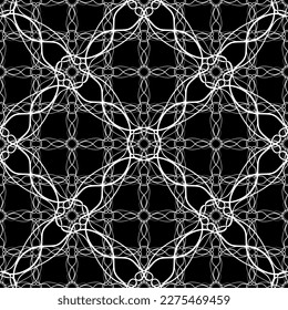 Nahtloses Muster im Jugendstil. Komplexes geometrisches Muster. Weißes Muster auf schwarzem Hintergrund. Mesh-Muster. Zum Dekorieren von Stoffen, Papier, Tapeten und Verpackungen.