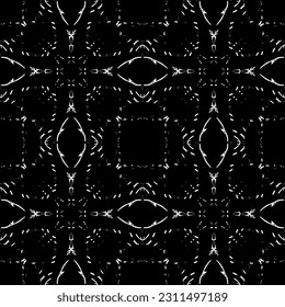 Patrón inmaculado en estilo Art Nouveau. Patrón geométrico complejo. Patrón blanco sobre fondo negro. Patrón de malla. Para la decoración de tejidos, papel, tapiz y embalaje.