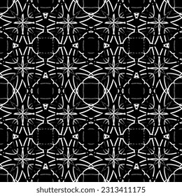 Nahtloses Muster im Jugendstil. Komplexes geometrisches Muster. Weißes Muster auf schwarzem Hintergrund. Mesh-Muster. Zum Dekorieren von Stoffen, Papier, Tapeten und Verpackungen.