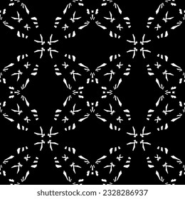 Patrón inmaculado en estilo Art Nouveau. Patrón geométrico complejo. Patrón blanco sobre fondo negro. Patrón de malla. Para la decoración de tejidos, papel, tapiz y embalaje.
