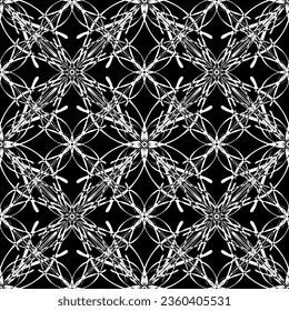 Patrón inmaculado en estilo Art Nouveau. Patrón geométrico complejo. Patrón blanco sobre fondo negro. Patrón de malla. Para la decoración de tejidos, papel, tapiz y embalaje.