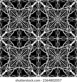Patrón inmaculado en estilo Art Nouveau. Patrón geométrico complejo. Patrón blanco sobre fondo negro. Patrón de malla. Para la decoración de tejidos, papel, tapiz y embalaje.