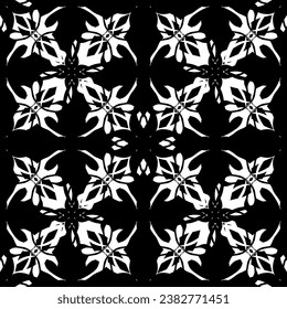 Patrón inmaculado en estilo Art Nouveau. Patrón geométrico complejo. Patrón blanco sobre fondo negro. Patrón de malla. Para la decoración de tejidos, papel, tapiz y embalaje.