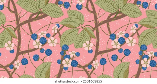 Seamless pattern in the Art Nouveau style for creating textiles, wallpaper, paper. Illustration with intertwined blackberry branches. Berries, leaves and flowers on a soft pink background. Vector.