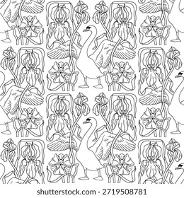Padrão contínuo com estilo art nouveau mão moderna desenhada elegante preto e branco cisne e flores de íris composição simétrica ilustração vetorial