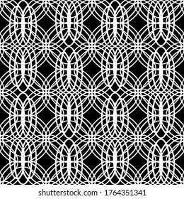Patrón inmaculado en estilo Art Nouveau.Patrón geométrico complejo.Patrón de malla.Patrón de líneas finas.Ornamento blanco sobre fondo negro.Para la decoración de tela, papel, papel pintado y embalaje.